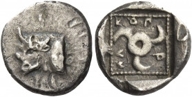 Greek Coins. Kuprilli, circa 470 – 440. 
1/6 stater, uncertain mint circa 470-440, AR 1.25 g. Forepart of man-headed bull l. Rev. koprlle in Lycian c...