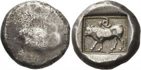 Greek Coins. Kherêi, circa 410 – 390. 
Stater, uncertain mint circa 410-390, AR 8.78 g. [Lion r., attacking bull standing l]. Rev. Bull standing l.; ...