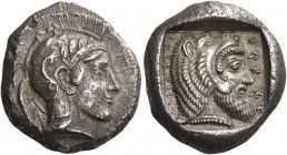 Greek Coins. Kherêi, circa 410 – 390. 
Stater, Telmessus circa 410-390, AR 8.57 g. Head of Athena r., wearing crested Attic helmet; behind, te in Lyc...