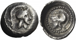 Greek Coins. Kherêi, circa 410 – 390. 
1/12 stater, Xanthus circa 410-390, AR 0.46 g. Head of Athena r., wearing crested Attic helmet. Rev. Head of A...