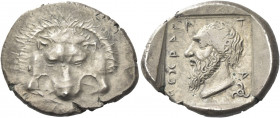Greek Coins. Mithrapata, circa 385 – 375. 
Stater, uncertain mint circa 385-375, AR 9.79 g. Lion's scalp facing. Rev. mythrapa in Lycian characters H...