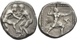 Greek Coins. Pamphylia, Aspendus. 
Stater circa 420-370, AR 10.77 g. Two wrestlers grappling. Rev. EΣTF Slinger striding r.; in r. field, trisceles. ...