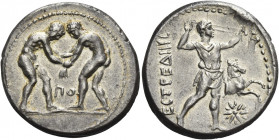 Greek Coins. Pamphylia, Aspendus. 
Stater circa 330-250, AR 10.48 g. Two wrestlers grappling; below, ΠO. Rev. ECTFEΔIIIC Slinger striding r; in r. fi...