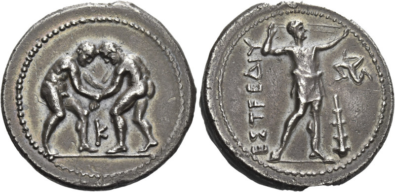 Greek Coins. Pamphylia, Aspendus. 
Stater circa 330-250, AR 10.11 g. Two wrestl...