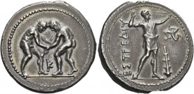 Greek Coins. Pamphylia, Aspendus. 
Stater circa 330-250, AR 10.11 g. Two wrestlers grappling; below, K. Rev. EΣTFEΔIY Slinger striding r; in r. field...