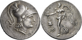 Greek Coins. Side. 
Tetradrachm 2nd-1st century BC, AR 16.65 g. Head of Athena r., wearing crested Corinthian helmet. Rev. Nike striding l., holding ...