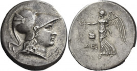 Greek Coins. Side. 
Tetradrachm 2nd-1st century BC, AR 16.47 g. Head of Athena r., wearing crested Corinthian helmet. Rev. Nike striding l., holding ...