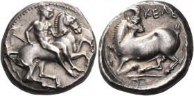 Greek Coins. Cilicia, Celenderis. 
Stater circa 450-400, AR 10.70 g. Nude youth, holding whip in r. hand, dismounting from horse rearing r. Rev. KEΛE...
