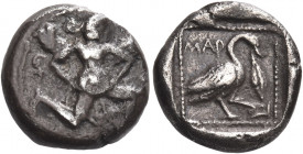 Greek Coins. Mallos. 
Tetrobol circa 440-390, AR 3.30 g. Winged figure advancing r., holding disk; in l. field, ankh. Rev. MAP Swan standing r.; in r...