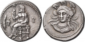 Greek Coins. Mallos. 
Balacros satrap, circa 361-334. Stater, AR 10.81 g. Baaltars seated l., holding lotus-tipped sceptre in r. hand; in l. field, e...