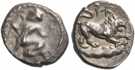 Greek Coins. Myriandrus. 
Obol 4th century BC, AR 0.78 g. Marine deity (Dagon) l., body terminating in crested fish tail, holding trident and crown. ...