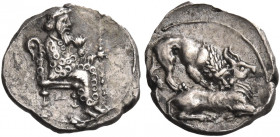 Greek Coins. Myriandrus. 
Mazaius satrap, 361/0 – 334. Obol circa 361/0-334, AR 0.51 g. The Great King seated r. on throne, holding sceptre and lotus...