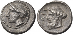 Greek Coins. Nagidus. 
Obol circa 400-380, AR 0.78 g. Head of Aphrodite l., hair in sphendone. Rev. NAΓI Bearded male head l., (Dionysus ?). BMC 8. S...