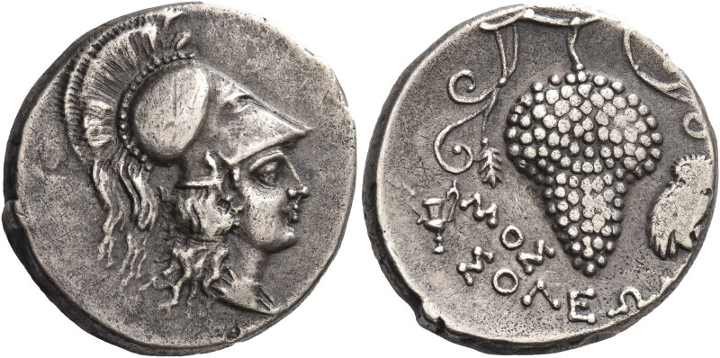 Greek Coins. Solus. 
Stater circa 385-350, AR 9.79 g. Head of Athena r., wearin...