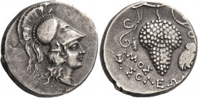 Greek Coins. Solus. 
Stater circa 385-350, AR 9.79 g. Head of Athena r., wearing crested Corinthian helmet. Rev. ΣΟΛΕΩ[Ν] Bunch of grapes with tendri...