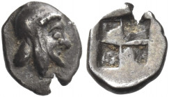 Greek Coins. Uncertain mints in Cilicia. 
Hemiobol early 5th century BC, AR 0.30 g. Bearded head r., wearing satrapal headdress. Rev. Quadripartite i...
