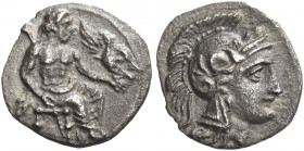 Greek Coins. Uncertain mints in Cilicia. 
Obol, circa 400, AR 0.63 g. Head of Athena r., wearing crested Attic helmet. Rev. Baaltars with eagle, seat...