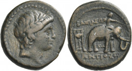 Greek Coins. Antiochus III, 223 – 187. 
Denomination A, Uncertain Mint 59 from 202, Æ 8.61 g. Laureate head r. of Antiochus III as Apollo. Rev. BAΣIΛ...