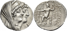 Greek Coins. Cleopatra Thea and Antiochus VIII, 125 – 121. 
Tetradrachm, Ptolemais 125-121/0, AR 16.48 g. Jugate busts r. of Cleopatra Thea, veiled a...