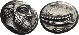 Greek Coins. Phoenicia, Aradus. 
Uncertain king circa 400-380. Shekel circa 400-380, AR 10.20 g. Laureate head of marine deity r. Rev. Galley r. over...