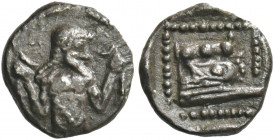 Greek Coins. Phoenicia, Aradus. 
Uncertain king circa 400-380. Obol circa 400-380, AR 0.57 g. Half-length bust of marine deity facing, head r, holdin...
