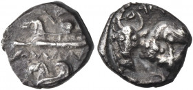 Greek Coins. Byblos, Uncertain Kings end of 5th century-333 BC. 
1/16 shekel, end of 5th century-333, AR 0.8 g. Galley l.; on deck, one (or two?) war...