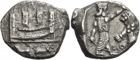 Greek Coins. Abd’Eshmun circa 410-400. 
Half shekel circa 425-401, AR 6.79 g. Phoenician galley sailing l.; city walls in background; in exergue, two...