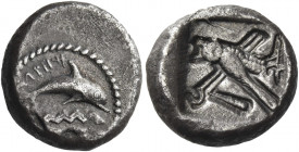 Greek Coins. Tyre. 
1/4 shekel circa 450-425, AR 3.39 g. Dolphin r. over waves; beneath, murex. Rev. Owl standing r., head facing, with flail and cro...