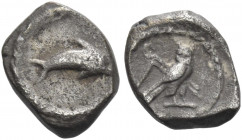 Greek Coins. Tyre. 
1/24 shekel circa 393-310, AR 0.67 g. Dolphin r. Rev. Owl standing r., head facing, with flail and crook over l. shoulder. Betlyo...