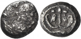 Greek Coins. Philistia. 
Quarter shekel or “drachm”, uncertain mint circa 450–400, AR 3.07 g. Bearded male head l., wearing oriental headdress. Rev. ...