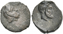 Greek Coins. Samaria. 
Ma‘eh or obol mid-fourth century BC, AR 0.70 g. Bearded male head r. Rev. Head of bearded satrap r., wearing Persian tiara. Me...