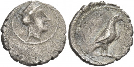 Greek Coins. Samaria. 
Half ma‘eh or hemiobol mid-fourth century BC, AR 0.46 g. Female head r., wearing stephane. Rev. Eagle with folded wings standi...