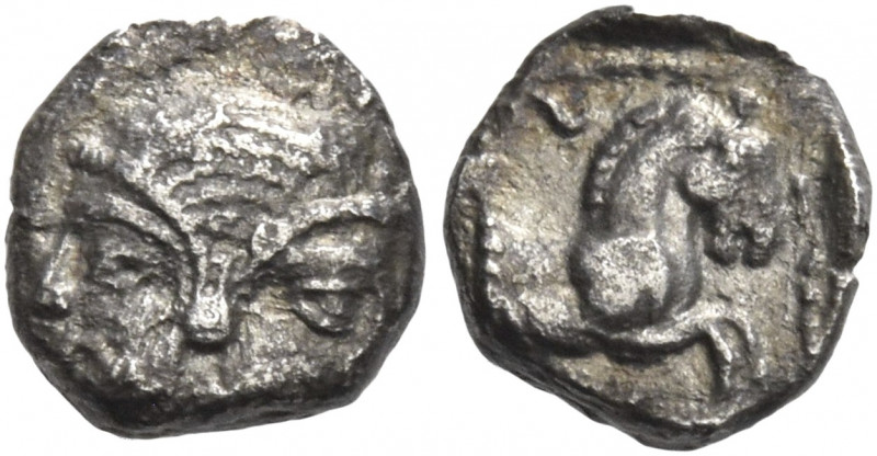 Greek Coins. Gaza. 
Obol mid 5th century-333, AR 0.71 g. Janiform male and fema...