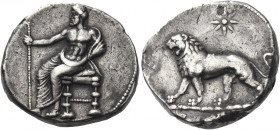 Greek Coins. Mesopotamia, Babylon. 
Tetradrachm under Stamenes satrap circa 322-312, AR 16.99 g. Baal naked to waist, seated l. on diphros, holding s...
