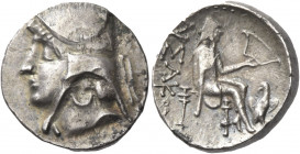 Greek Coins. Kings of Parthia, Arsaces II, 211 – 191. 
Drachm, Rhagae-Arsacia (?) 211-191, AR 4.28 g. Male head l., wearing bashlik. Rev. APΣAKOY Arc...