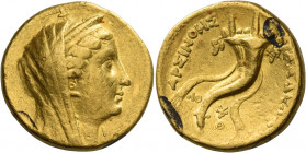 Greek Coins. Ptolemy II Philadelphos, 285 – 246. 
In the name of Arsinoe II. Octodrachm, Tyre circa 247/6, AV 27.78 g. Diademed and veiled bust of Ar...