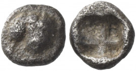 Greek Coins. Cyrenaica, Cyrene. 
Obol circa 525-500, AR 0.30 g. Silphium fruit. Rev. Quadripartite incuse square. BMC 9 and pl. II, 17 (as hemiobol)....