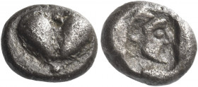 Greek Coins. Cyrenaica, Cyrene. 
Hemidrachm circa 510-490, AR 1.97 g. Silphium fruit. Rev. Bearded head of Zeus Ammon r. with ram's horn, within incu...