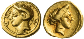 Greek Coins. Cyrenaica, Cyrene. 
1/10 stater circa 331-322, AV 0.82 g. KYP Head of Carneios l.; behind, star. Rev. Female head r. (Cybele?). Naville ...