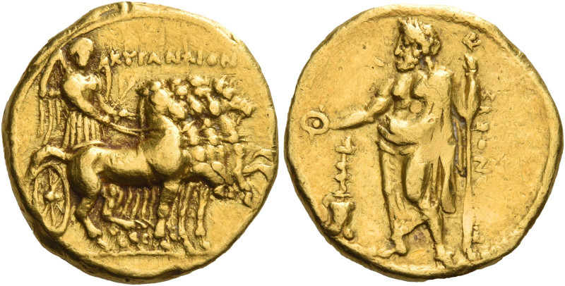Greek Coins. Cyrenaica, Cyrene. 
Stater circa 322-314, AV 8.59 g. KYPANAION Qua...