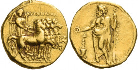 Greek Coins. Cyrenaica, Cyrene. 
Stater circa 322-314, AV 8.59 g. KYPANAION Quadriga at pace driven r. by Nike holding kentron and reins. Rev. ΠOΛIAN...