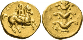 Greek Coins. Cyrenaica, Cyrene. 
Drachm circa 322-314, AV 4.29 g. XAIPIΟΣ Youth with petasus on prancing horse r. Rev. K – Y – P – A Silphium plant; ...