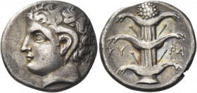 Greek Coins. Cyrenaica, Cyrene. 
Didrachm circa 308-277, AR 7.26 g. Head of Carneios l. Rev. KY – PA Silphium plant. Müller 150. BMC 259, pl. XXIV, 6...