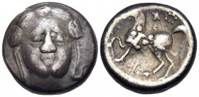 CELTIC, Middle Danube Area. Earlier 3rd century BC. Tetradrachm (Silver, 20 mm, 13.13 g, 6 h), The ‘Apollokopf/Dickschrötling’ type. Facing head of th...
