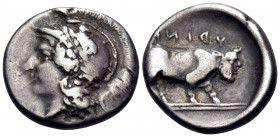 CAMPANIA. Hyria. Circa 405-385 BC. Didrachm or nomos (Silver, 21 mm, 7.19 g, 5 h). Head of Athena to left, wearing crested Attic helmet decorated with...