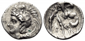 CALABRIA. Tarentum. Circa 380-325 BC. Diobol (Silver, 13 mm, 1.18 g, 1 h). Head of Athena to left, wearing Attic helmet adorned with Skylla. Rev. [TAP...