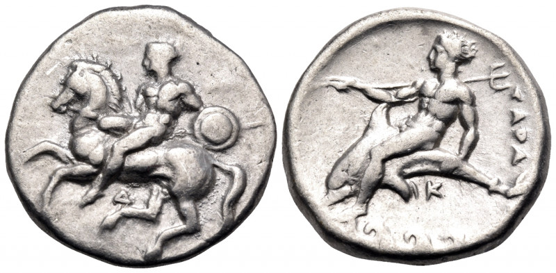 CALABRIA. Tarentum. Circa 344-340 BC. Nomos (Silver, 21 mm, 7.88 g, 5 h). Youth ...