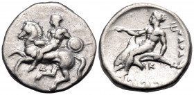 CALABRIA. Tarentum. Circa 344-340 BC. Nomos (Silver, 21 mm, 7.88 g, 5 h). Youth preparing to dismount from horse galloping to left, placing right hand...