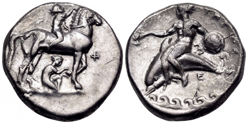 CALABRIA. Tarentum. Circa 340-335 BC. Nomos (Silver, 21 mm, 7.55 g, 12 h). Nude ...