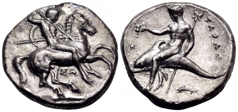 CALABRIA. Tarentum. Circa 315-302 BC. Nomos (Silver, 21.5 mm, 7.61 g, 5 h), stru...